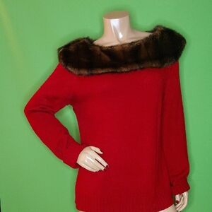 NyGard Collection, Off-the-Shoulder Red Sweater with Faux Fur Trim, Sz. 14/16
